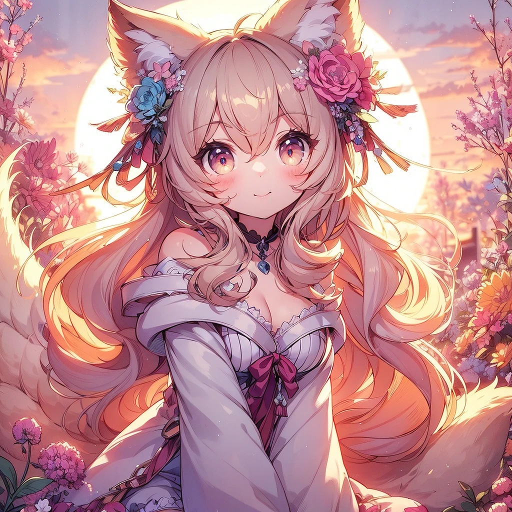 (Exquisite, beautiful, Very detailed, masterpiece, high quality,High resolution),(Well-formed face,Soft and thin lines: 1.2, Beautiful and delicate illustrations with a mature and transparent feel),Beautiful flowers々Petals fluttering,A very small girl with fluffy, soft cat ears and a thin, long, flexible cat tail is meowing sweetly.,She is wearing off-the-shoulder, fluffy, soft clothes with lace, frills, and ribbons, and knee-high socks.,(Short eyebrows and pale pink blush, Plump pink lips,A small nose, a cat-like mouth with sharp Japanese fangs visible when smiling, and cat-like eyes.,She has a fairly large bust, an open chest, fair skin, a nice body, and a long, slender cat's tail.,),Dynamic angles with vibrant colors and striking colors,The American shorthair has a fluffy, soft coat., Meow!