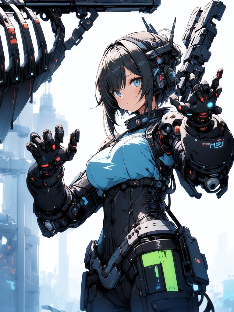 Painting of a woman with a gun and a sword, Krentz Kuschaert and Wenjun Lin, Cyberpunk Anime Girl Mecha, Krentz Kuschaert and Asher Duran, painterly humanoid mecha, Wallop and Krentz Kuschaert, illustration concept art, Gweitz, Krentz Kuschaert and Artem Demra, Female Mecha, (cute illustration:1.5), (cute,cute,sweet:1.2),
(One girl:1.4), Bodysuits, Cyborg Girl,
Giant mechanical hand,Dynamic pose,
Nice hands, Perfect hands, Incredibly cinematic, highest quality, Highest Resolution