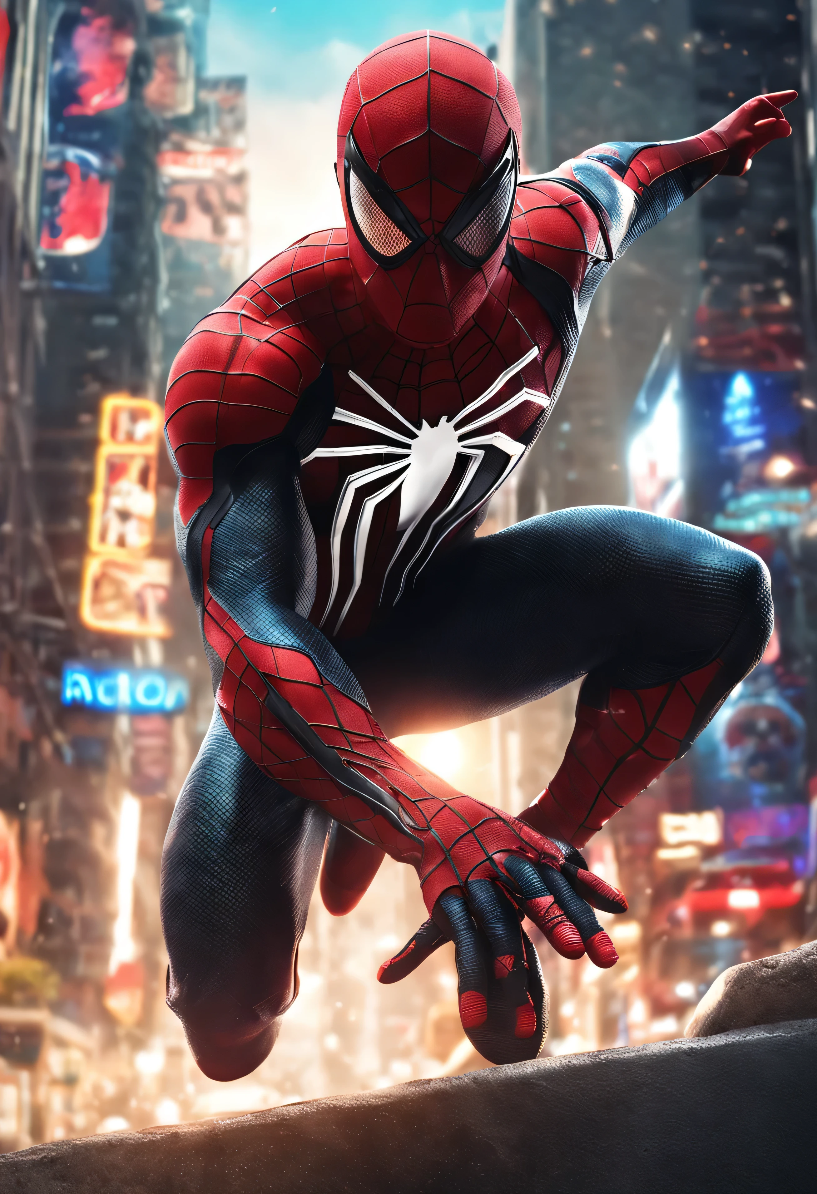 Um cara (Obra de arte, 4k resolution, ultra-realistic, muito detalhado), (White superhero theme, charismatic, There's a man at the top of town, vestindo fantasia de homem aranha, he's a superhero), [ (30 anos), (penteado cortado:1.2), corpo todo, (olhos castanhos:1.2), ((Postura do Homem-Aranha),show of force, jumping from one building to another), ((ambiente urbano arenoso):0.8)| (paisagem urbana, at night, dynamic lights), (lua cheia))]