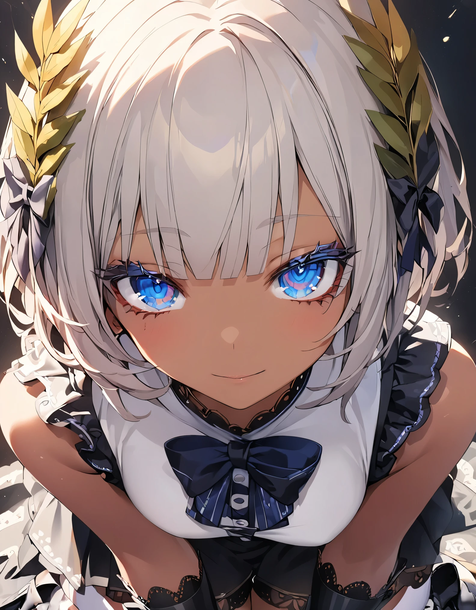 masterpiece, highest quality, Very detailed, High resolution, Japanese anime,One girl, (Dark Skin:1.2), Silver Hair, (short hair:1.4), (Blunt bangs:1.3), Curly Hair, Wavy Hair, Drill Hair, (eyelash:1.3), (eye shadow:1.3), (Blue eyes:1.5), (Beautiful fine details:1.4), Eyes half closed, Height: 130cm, original character, Fantasy, (Black background:1.2), Beautiful fingers, Are standing, (Lace frill spats:1.5), (laurel:1.5) , Shoot from the front, View Viewer