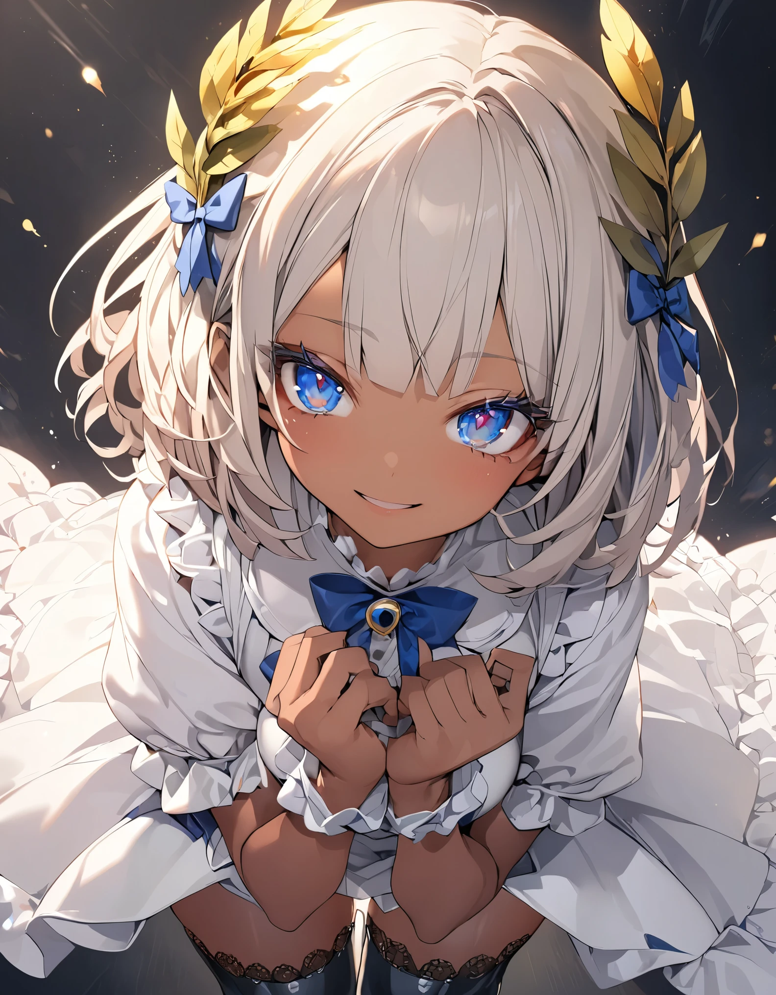 masterpiece, highest quality, Very detailed, High resolution, Japanese anime,One girl, (Dark Skin:1.2), Silver Hair, (short hair:1.4), (Blunt bangs:1.3), Curly Hair, Wavy Hair, Drill Hair, (eyelash:1.3), (eye shadow:1.3), (Blue eyes:1.5), (Beautiful fine details:1.4), Eyes half closed, Height: 130cm, original character, Fantasy, (Black background:1.2), Beautiful fingers, Are standing, (Lace frill spats:1.5), (laurel:1.5) , Shoot from the front, View Viewer
