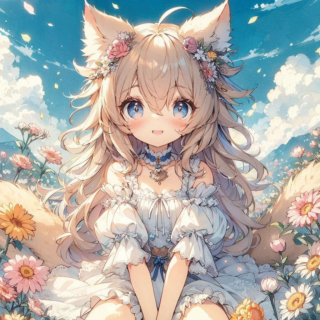 　(Exquisite, beautiful, Very detailed, masterpiece, high quality,High resolution),(Well-formed face,Soft and thin lines: 1.2, Beautiful and delicate illustrations with a mature and transparent feel),Beautiful flowers々Petals fluttering,A very  girl with fluffy, soft cat ears and a thin, long, flexible cat tail is meowing sweetly.,She is wearing off-the-shoulder, fluffy, soft clothes with lace, frills, and ribbons, and knee-high socks.,(Short eyebrows and pale pink blush, Plump pink lips,A small nose, a cat-like mouth with sharp Japanese fangs visible when smiling, and cat-like eyes.,She has a fairly large bust, an open chest, fair skin, a nice body, and a long, slender cat&#39;s tail.,),Dynamic angles with vibrant colors and striking colors,The American shorthair has a fluffy, soft coat., Meow!
