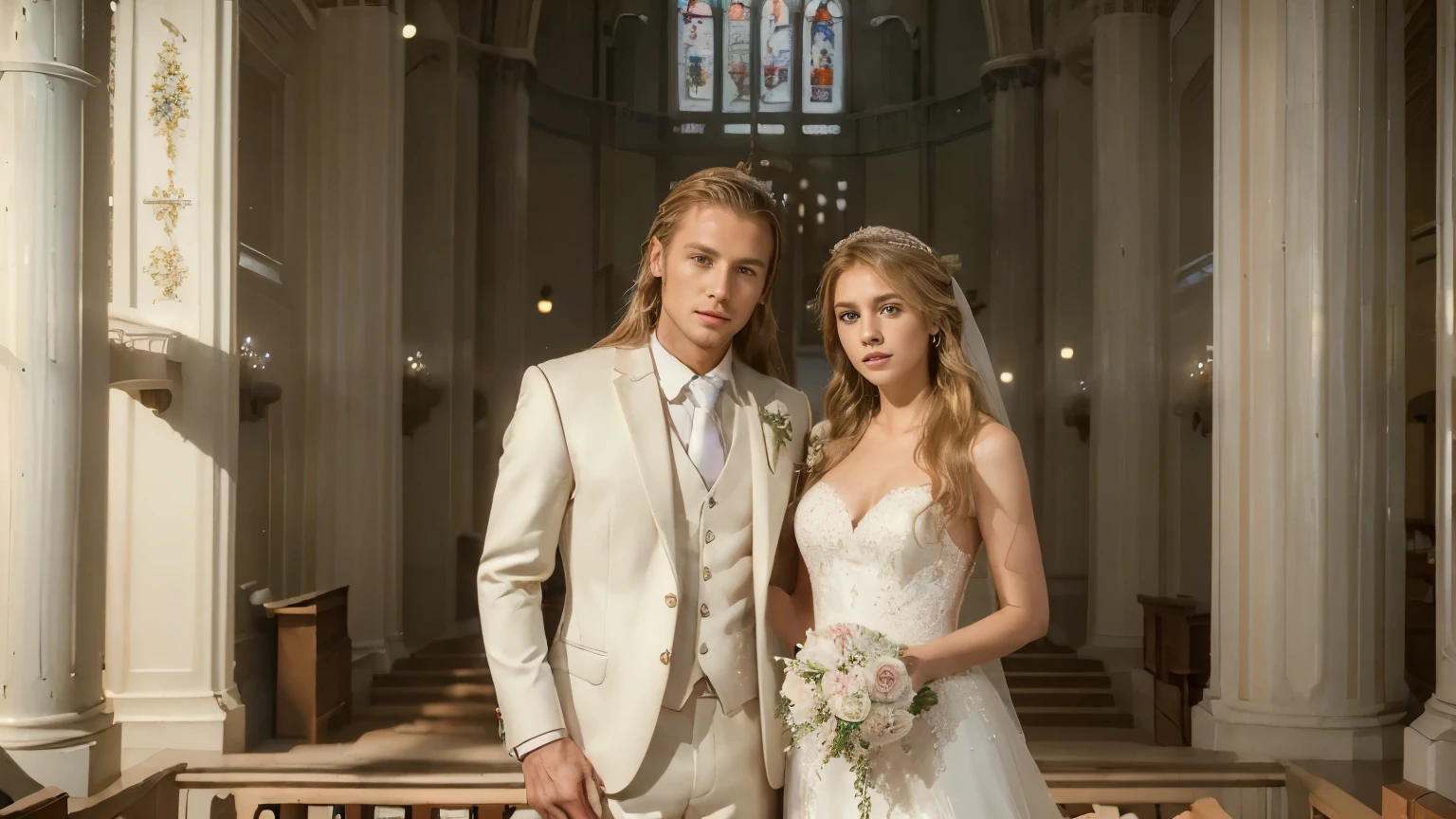 ((highest quality, 4K, masterpiece: 1.3)),Church Wedding、(Detailed blonde long hair bride)、((Clean-cut groom with short hair))、(((wedding of man and woman)))、Celebrator々、Luxurious wading dress