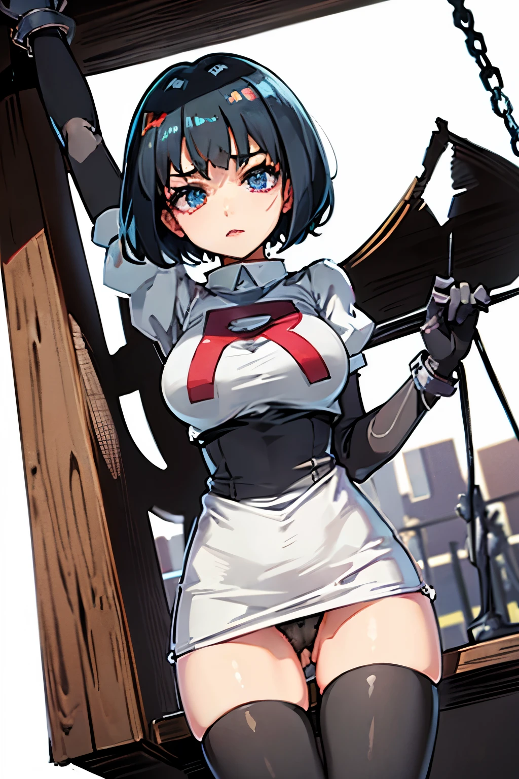 Erica、Pokémon、Black Hair、Short Hair、Large Breasts、Jail、One girl、((stockings))、(Long gloves)、(first round)、(Chained)、((Crucified on the examination table))、(Being restrained)、Leg spread、(Team Rocket)、Ribbon on head、(Black Panties)