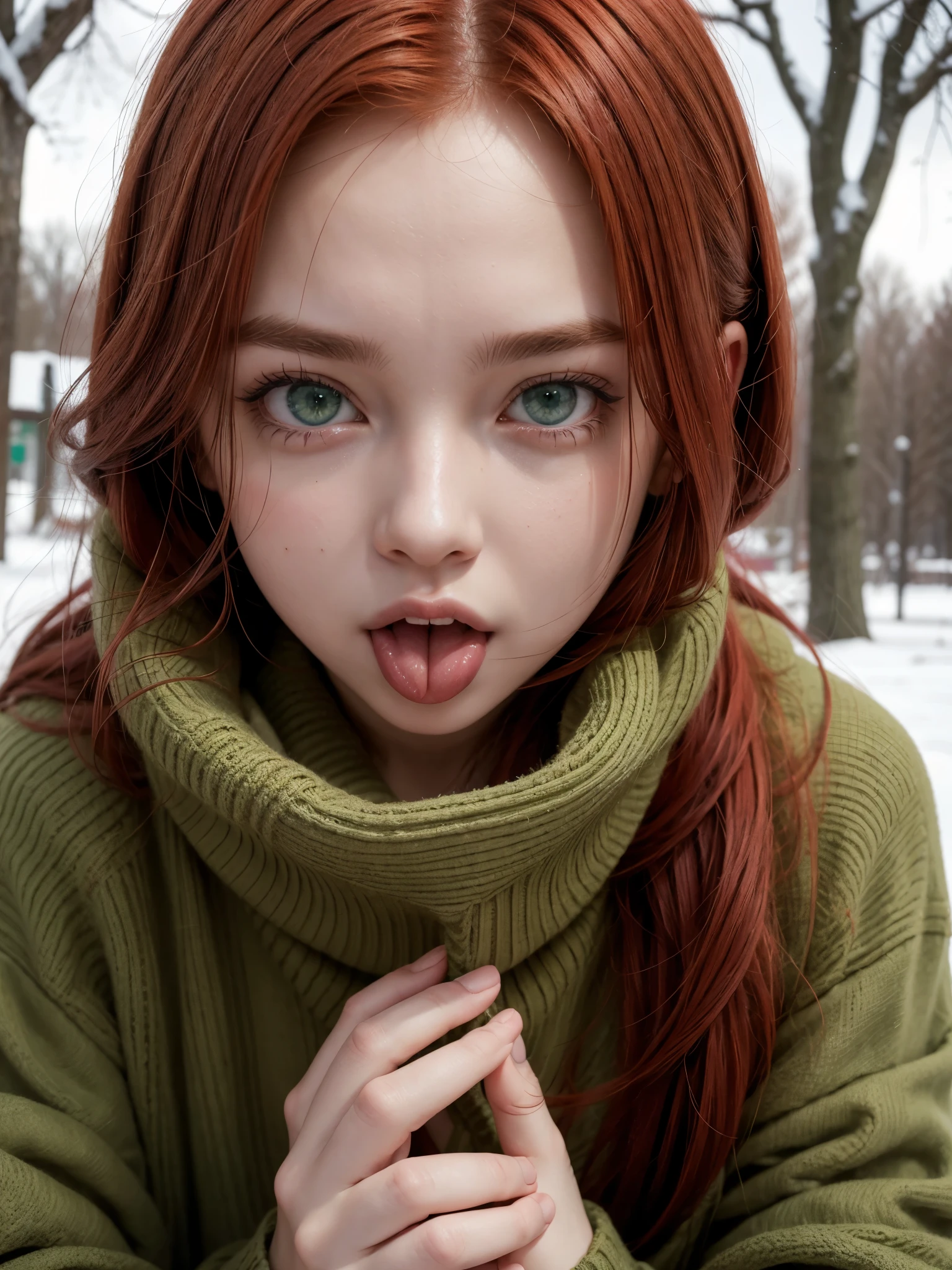Hot girl, red hair, green eyes, black winter clothes, licking your own fingers