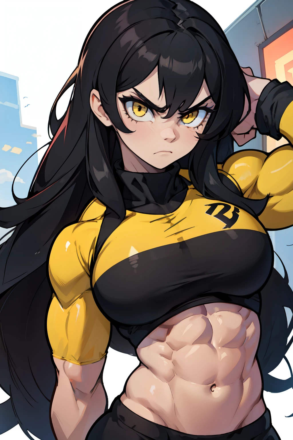 angry ((((1girl)))) (((bodybuilder))) pale skin black hair very long hair yellow eyes midriff