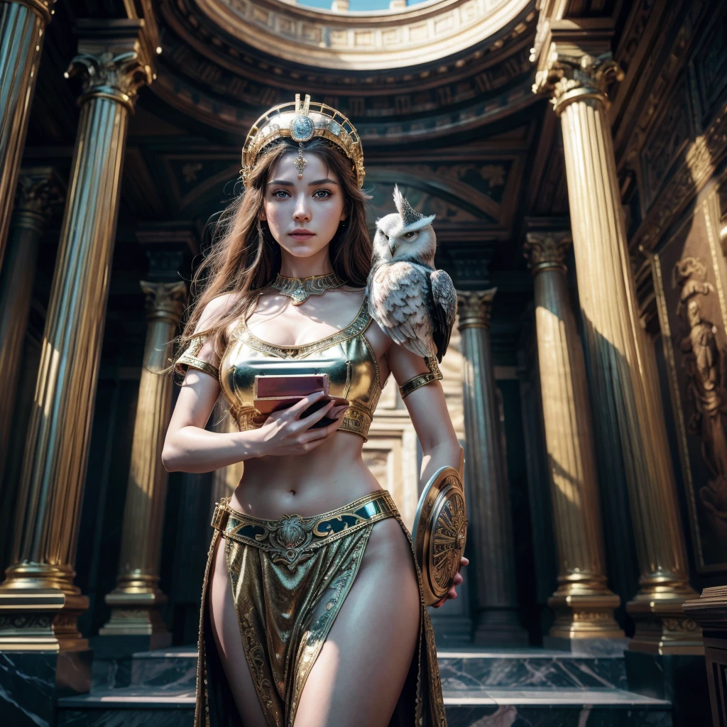 a beautiful detailed portrait of Minerva the Roman goddess of wisdom, war, the arts, industry, justice and purity, wearing an ancient greek/roman helmet, holding an owl and a shield, standing in an ornate temple interior with marble columns, dramatic lighting, highly detailed, photorealistic, cinematic, 8k, masterpiece, intricate details, hyper realistic, digital art, fantasy art,