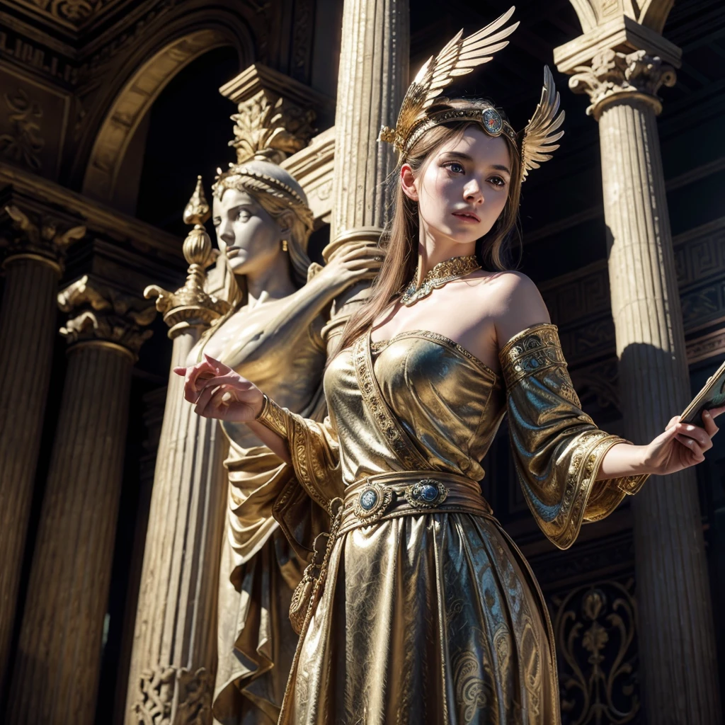 a beautiful detailed portrait of Minerva the Roman goddess of wisdom, war, the arts, industry, justice and purity, wearing an ancient greek/roman helmet, holding an owl and a shield, standing in an ornate temple interior with marble columns, dramatic lighting, highly detailed, photorealistic, cinematic, 8k, masterpiece, intricate details, hyper realistic, digital art, fantasy art,