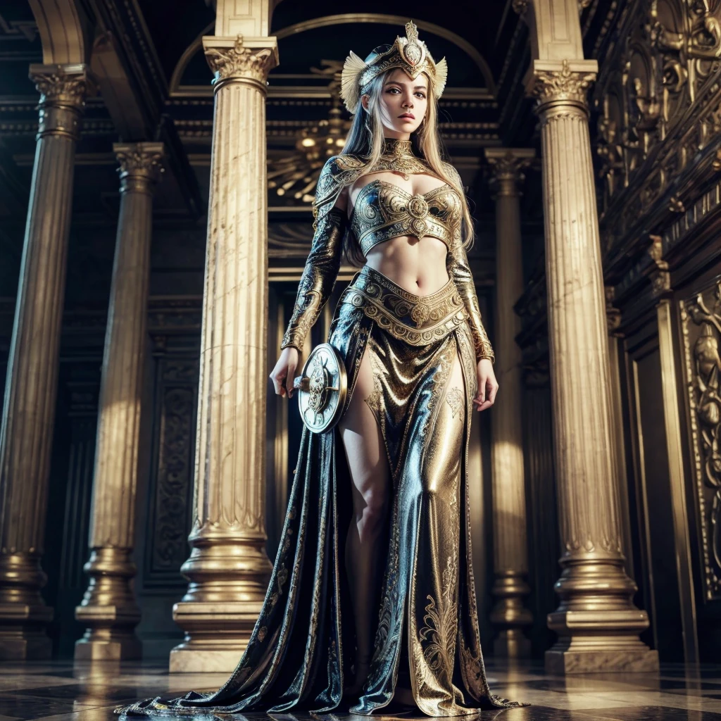 a beautiful detailed portrait of Minerva the Roman goddess of wisdom, war, the arts, industry, justice and purity, wearing an ancient greek/roman helmet, holding an owl and a shield, standing in an ornate temple interior with marble columns, dramatic lighting, highly detailed, photorealistic, cinematic, 8k, masterpiece, intricate details, hyper realistic, digital art, fantasy art,