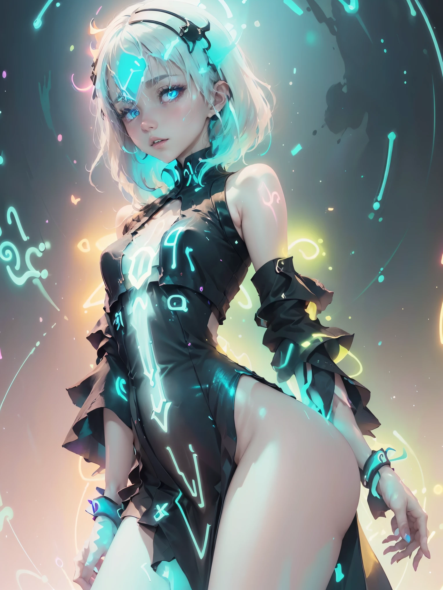 ((upper body)), best quality, masterpiece, a Japanese woman with ((Luminescence white hair)), ((detailed pearl blue eye)), high detailed goddess soul, focus on character, solo, (style swirl magic), solo, from front, front view, looking at viewer, detailed face, ((Luminescence Lighting Magic Circle theme)), perched on a ledge, tight neon body, light streaks, dark abyssal wanderer abstract, ((Simple Luminescence Neon Gown)), inscribed with mystical runes, outdoor dystopian background,