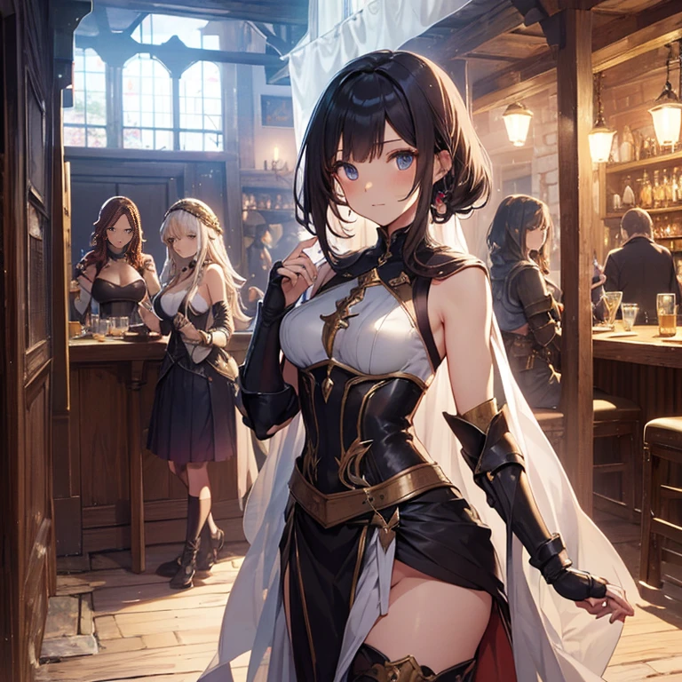 A group of female medieval fantasy adventurers, (in tavern), various hair styles, harem, night, details face, short skirt, seducing, sleeveless, armor, bare breast