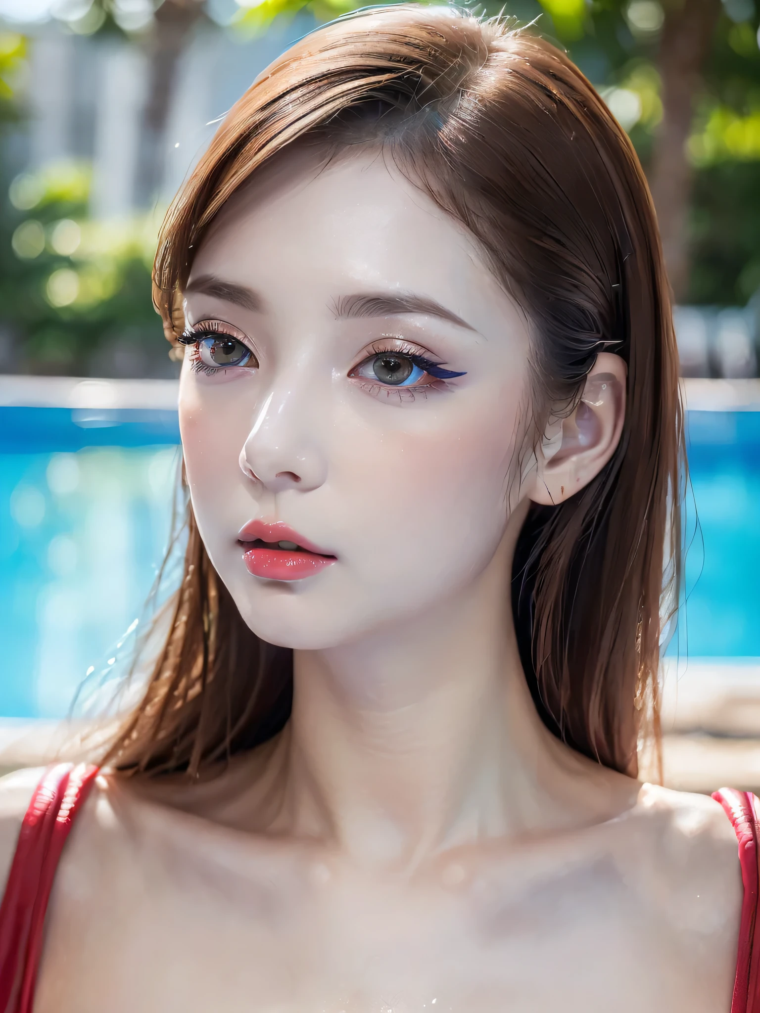 ((Near the huge summer pool:1.37)), realism,8k、 Realistic, ((Anatomically correct)), ((Perfect balance)) , 28 years old、1 female、 A close-up of her face, Digital SLR, Top quality soft lighting, In dramatic lighting, ((realistic perfectly round brown_eye:1.3)), (Light pale complexion), ((Detailed pupils:1.4)), (Perfect Makeup:1.35), (Symmetrical lips:1.3)),(Bright shiny red_lipstick:1.35), ((Blue eyelashes: 1.17)), (Very detailed, Beautiful little nose:1.2), (Perfect composition), ((Pale skin:1.28)), ((Oily skin)), ((Black tops, Black tube top outfit), , The background is simple and blue, The gaze is directed downwards at a low angle, Bright lightning.、(((Anatomically correct)))、(Perfect Body Proportions)、(Natural Hands、Natural Fingers、Natural Legs)