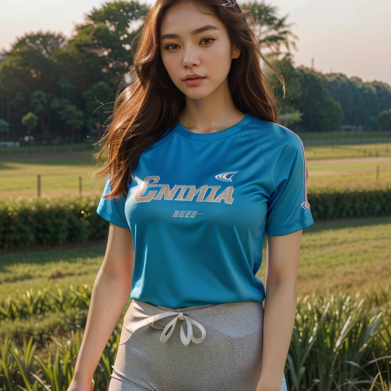 Close-up of woman standing in grass field,(Exaggerated), (illustration), (high resolution), (8ก), (Extremely detailed), (best illustration), (Beautifully detailed eyes), (best quality), (very detailed), (Masterpiece), (Wallpaper), (detailed face), Solo 1 girl, white wavy hair, Korea, Heterochromic eyes, Small mole under the eye, loose white shirt, yoga pants, big breasts, Long legs, toned abs, camel toe, dynamic poses Portrait in the middle of a shot, Wear a volleyball shirt., He nodded., Son Yunju, high quality vertical, นางแบบแฟชั่นผู้หญิงKorea, Shin Min Jung, Sporty, sports t-shirt, Medium portrait, blue tight t-shirt, 85mm photos, gorgeous woman, สาวKorea, irelia
