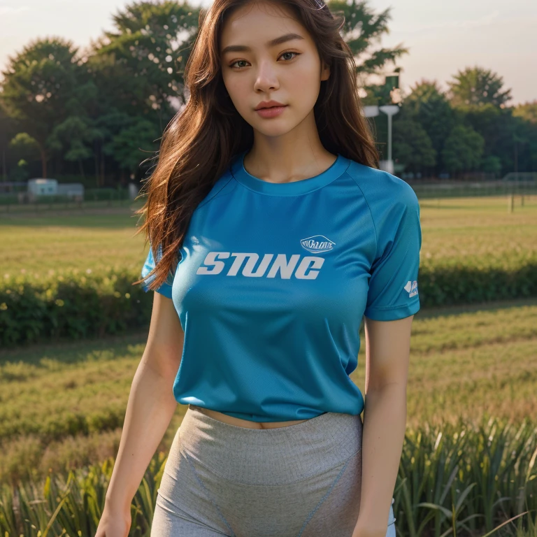 Close-up of woman standing in grass field,(Exaggerated), (illustration), (high resolution), (8ก), (Extremely detailed), (best illustration), (Beautifully detailed eyes), (best quality), (very detailed), (Masterpiece), (Wallpaper), (detailed face), Solo 1 girl, white wavy hair, Korea, Heterochromic eyes, Small mole under the eye, loose white shirt, yoga pants, big breasts, Long legs, toned abs, camel toe, dynamic poses Portrait in the middle of a shot, Wear a volleyball shirt., He nodded., Son Yunju, high quality vertical, นางแบบแฟชั่นผู้หญิงKorea, Shin Min Jung, Sporty, sports t-shirt, Medium portrait, blue tight t-shirt, 85mm photos, gorgeous woman, สาวKorea, irelia