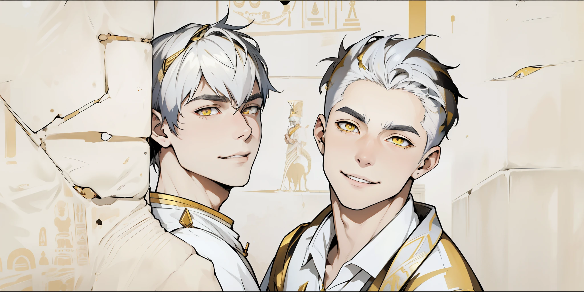 cute 18 year old boy yellow eyes white hair ancient egyptian clothing golden jewelry mischievous smile pocardia speaks with mockery irony yellow eyes white hair golden jewelry black and yellow egyptian clothes