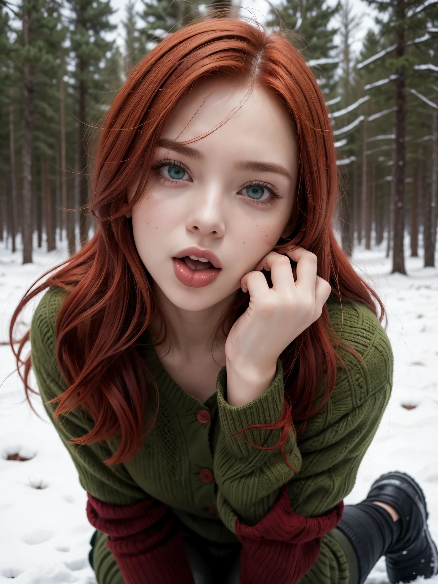Hot girl, red hair, green eyes, winter clothes, showing the tongue, kneeling