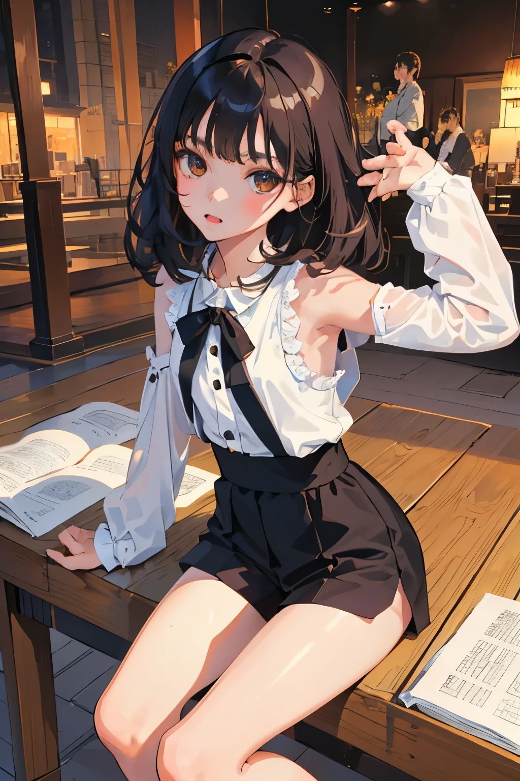 (child)，highest quality，Beautiful face in every detail，cute，Dark brown eyes，(背の低いcute女の子，Small young student，Young delicate girl）,（masterpiece，Top quality)，Black Hair，Sleepy expression，Sleeveless，(White shorts)，Crouching