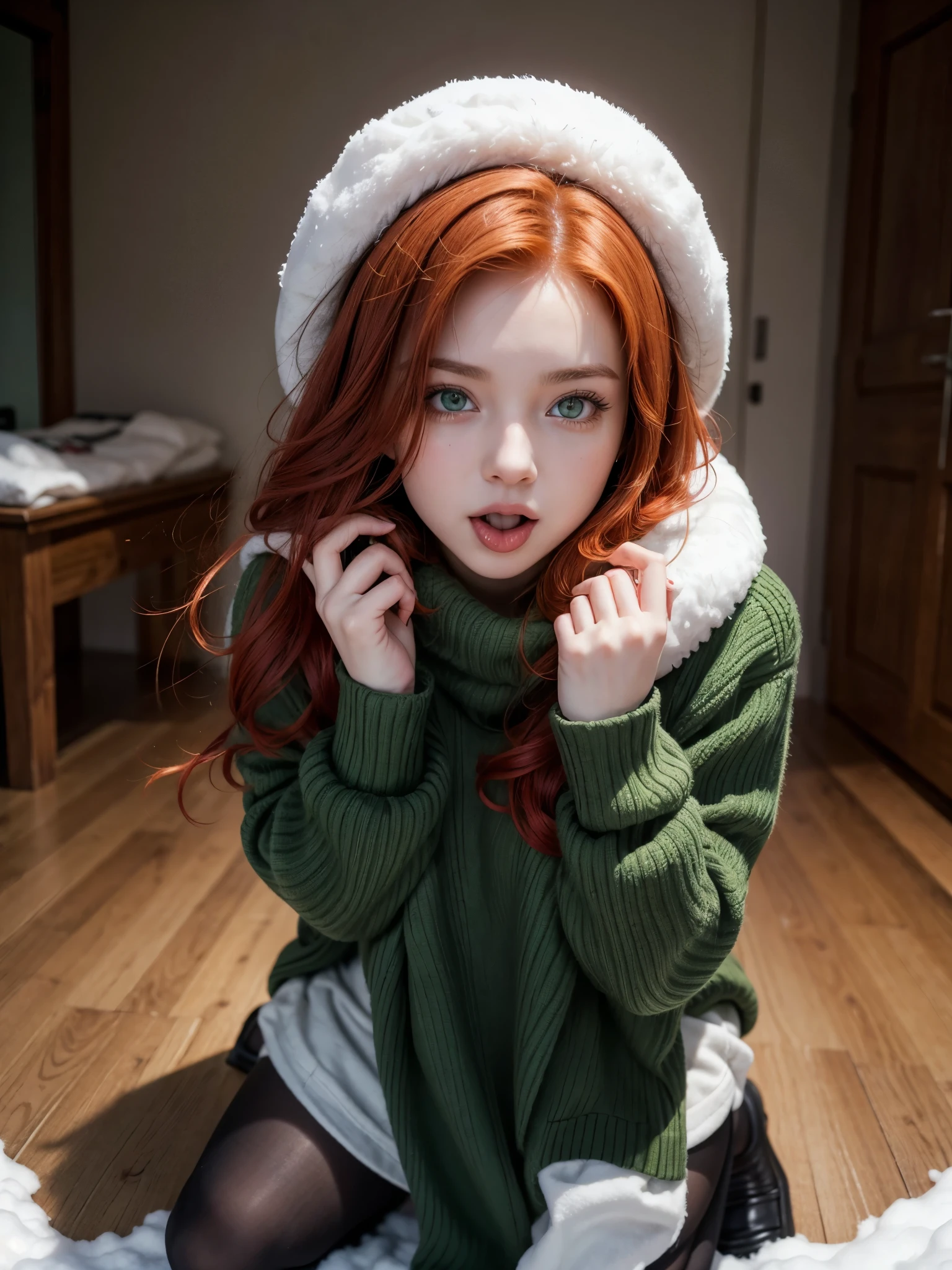 Hot girl, red hair, green eyes, winter clothes, showing the tongue, kneeling
