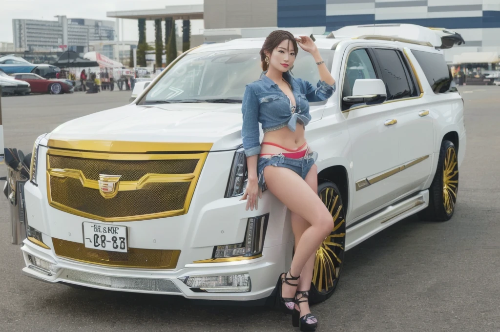 Car and Campaign Girl,Cadillac　Escalade,Japanese women,sexy,Beauty, (8k, RAW Photos, highest quality, masterpiece: 1.2), (Realistic: 1.6), (masterpiece), (highest quality: 1.0), (Ultra-high resolution: 1.0), detailed, 20th Generation,  detailed beautiful skin, detailed room, ,Realistic skin