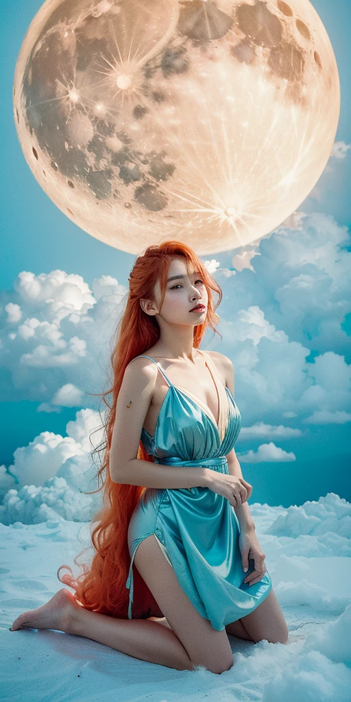 ((Kneeling surrounded by clouds in the sky)) Is a girl. The Character eyes shine like jasper, her neck is graven with gold, her skin is lunmious as the moon. Wearing a white dress. Red and orange mix teal hair, burning with fire