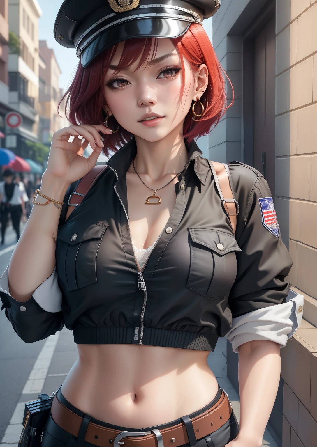 Masterpiece, best quality, detailed face,Nishikino maki, short hair, open shirt,bra,half sleeves,earrings, white belt, tight black low pants, midriff, police cap,in street, toned stomach,looking at viewer