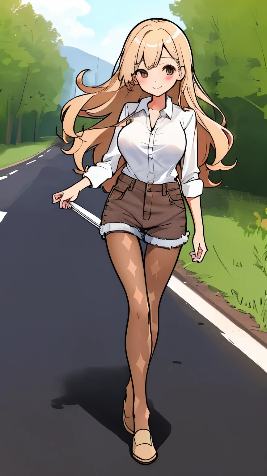A country girl, (large breasts:1.3), her flannel shirt is red and white checkered pattern, (brown pantyhose under jean shorts:1.3), (tan bootlets:1.1), walking seductively towards the viewer, long straight platinum blonde hair, (emphasis on her legs and feet:1.3), beautiful smile, daytime lighting, walking along a country road, open blouse, bare midriff, toned abs, (sexy legs:1.2), skinny girl, small hips, small butt, nice butt, stunningly beautiful, (thin:1.1), fit, , athletic, Masterpiece, ultra-high detail, hi-res, 8k, intricate details, feet in view,