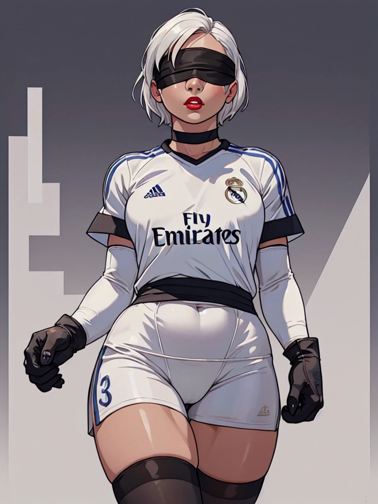 (from below:1.5), (((front view))), Best_QualityPos, RAW photo, intricate details, best quality, 8k uhd, soft lighting, 1girl, ((( Real Madrid shirt))), (((perfect anatomy, anatomically correct, super detailed skin))), 2B from Nier Automata. (((wearing a white Real Madrid football team shirt)), short hair, ((solo)), (((blindfold))), ((hourglass body,)), (alone). ((solo:1.5)), ((abstract background))), abstract grunge as background,  big red lips, white hair, 1 girl, ((white Real Madrid football team shirt)). ,[[[(((big hips)))]]]], clothing cutout, gloves, juliet sleeves, leotard, puffy sleeves, , thighhighs, , hourglass body,, shiny skin, watching the viewer, beautiful hair, beautiful face, beautiful detailed eyes, blue eyes, babyface, , beautiful body,standing, (beautiful scenery), 8k, top quality, masterpiece​:1.2, extremely detailed), beautiful illustration, natural lighting, ,(high detailed skin:1.2), 