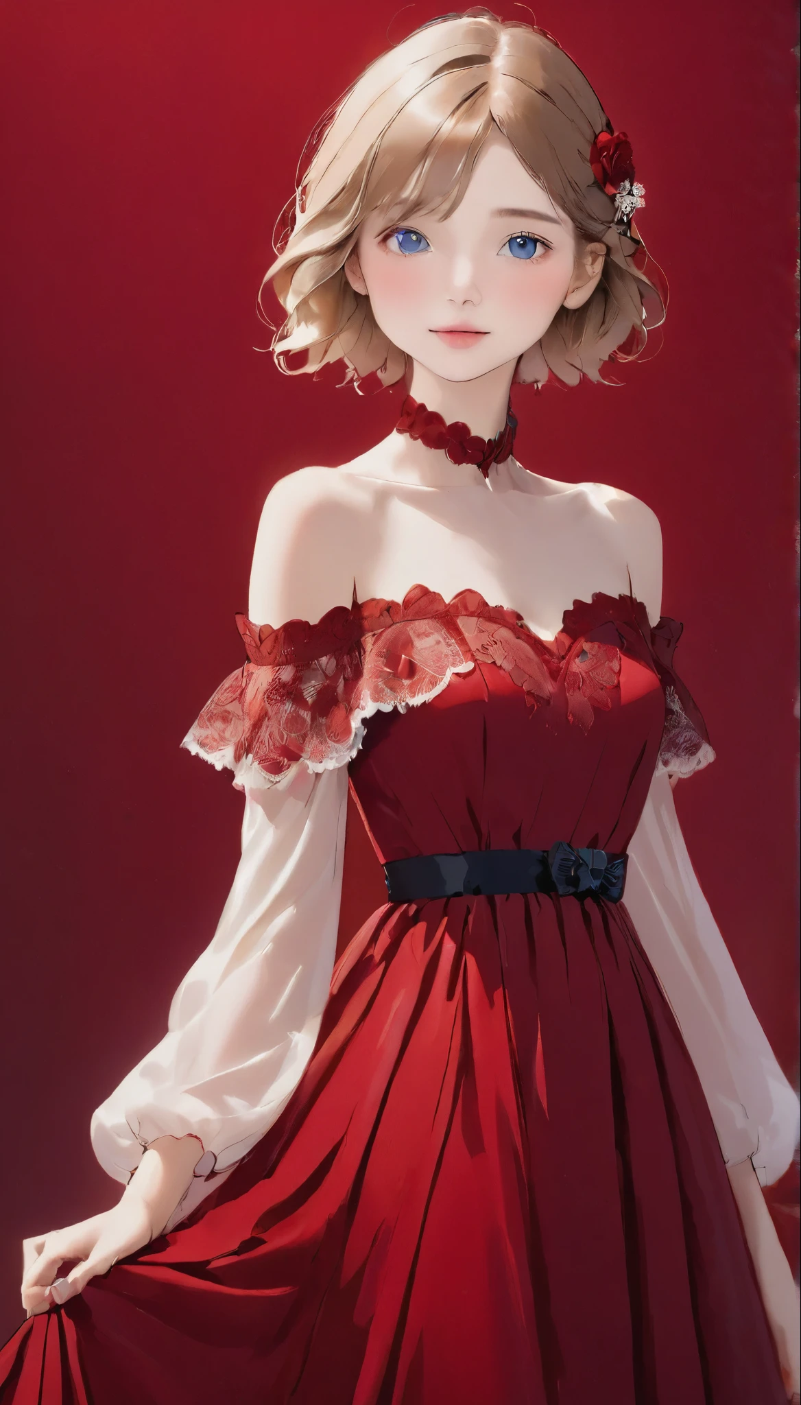Young woman standing in front of a crimson background、She is wearing a gorgeous red dress。The dress is decorated with lace and frills.、Exposed shoulder design.。The Woman&#39;Long hair is soft and wavy、Her head is adorned with a red flower hair accessory...。Gorgeous gold earrings dangle from her ears...。

The Woman&#39;His face is full of confidence、The slightly sad eyes are characteristic.。The details on the dress are exquisite、The floral decoration on the chest is particularly eye-catching...。Butterfly fluttering in the background.、Creates a fantastic and romantic atmosphere.。

as a whole、Feminine beauty and passionate red stand out.、Gives a dramatic and elegant look。