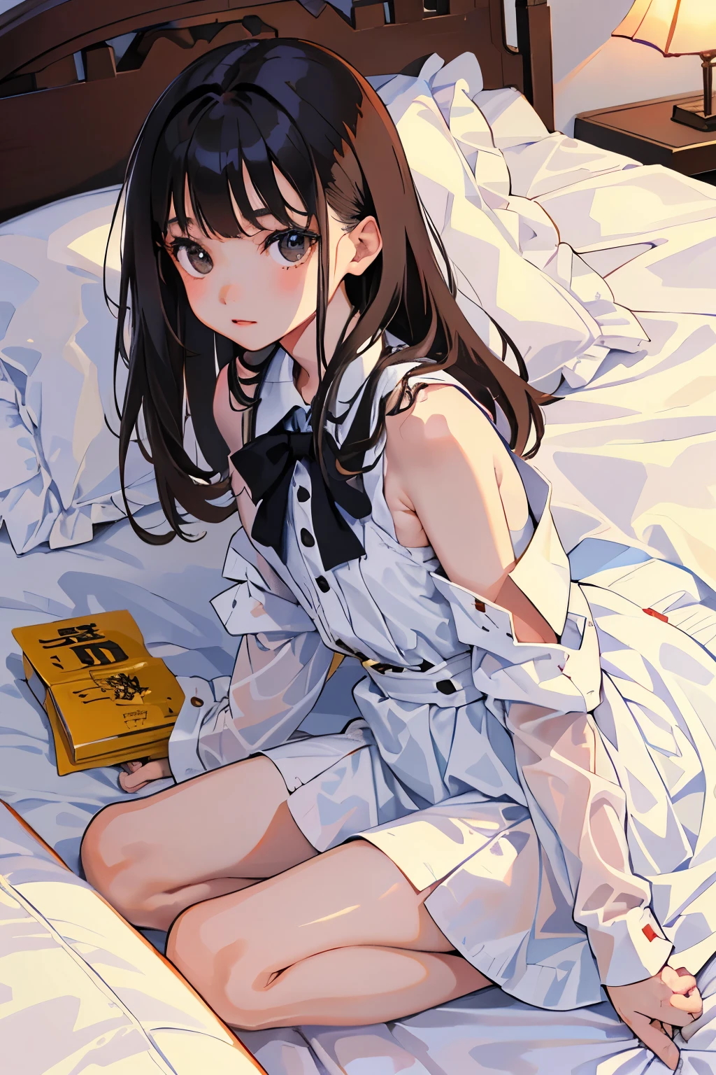 (child),highest quality,Beautiful face in every detail,cute,Dark brown eyes,(背の低いcute女の子,Small young student,Young delicate girl),(masterpiece,Top quality),Black Hair,Sleepy expression,Sleeveless,(White mini skirt),Crouching