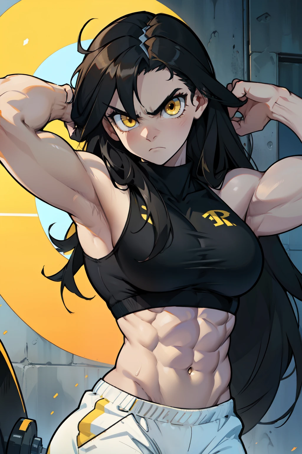 angry ((((1girl)))) (((bodybuilder))) pale skin black hair very long hair yellow eyes midriff