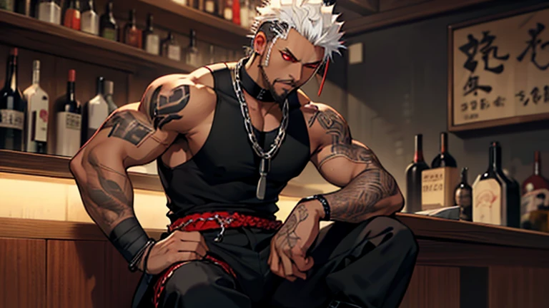 Dark skin 27 year old male with a stitched body, white afro, red eyes, and a black goatee wearing a black sleeveless shirt, arms wrapped in white bandages, red and black combat pants with black chains, black and white combat boots and yakuza tattoos sitting at a bar fixing his gun