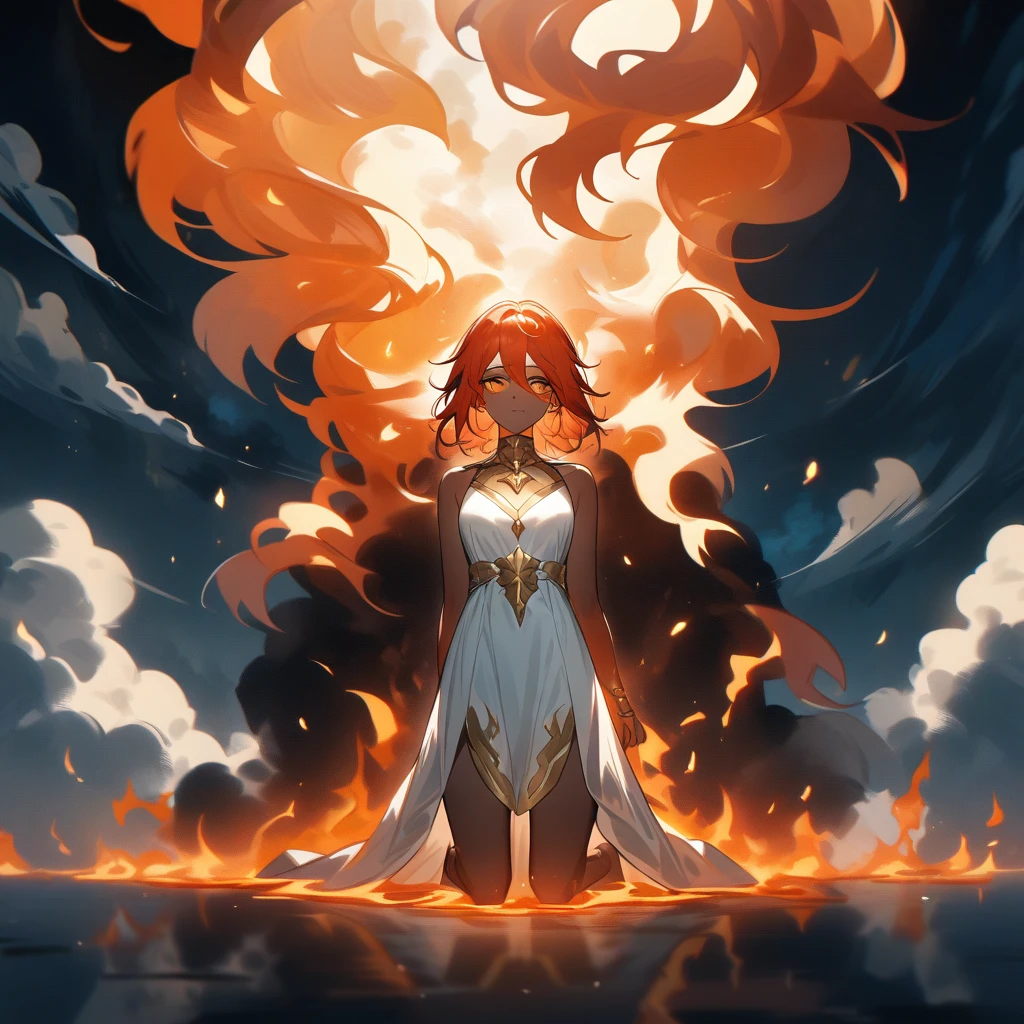 ((Kneeling surrounded by clouds in the sky)) Is a girl. The Character eyes shine like jasper, her neck is graven with gold, her skin is lunmious as the moon. Wearing a white dress. Red and orange mix teal hair, burning with fire
