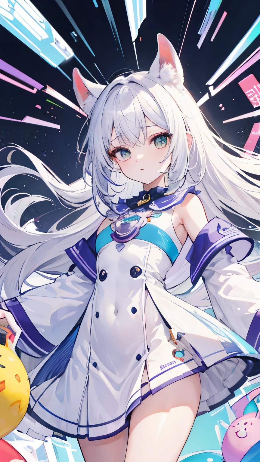 Una chica,cabello blanco,orejas de conejo,sostiene una tablet,que salga todo su cuerpo,esta usando vestido,fondo muchos colores,comic