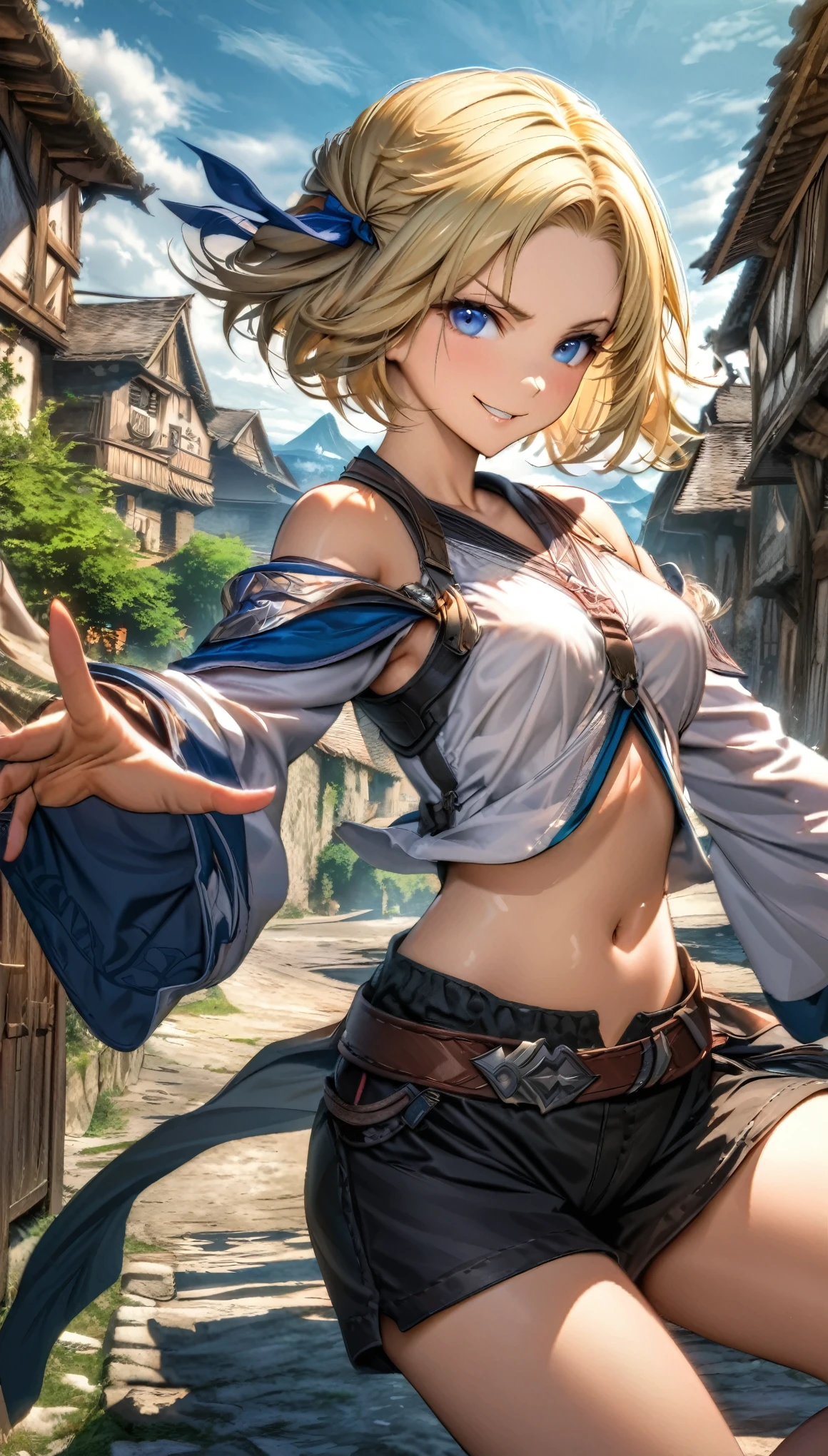 Ultra detailed, Highres, absurdres, HDR, Solo female, (()), Final Fantasy, (((very short blonde hair))), ((bob hairstyle)), forehead showing, blue eyes, smirking, pink and white shirt, flowing sleeves, exposed midriff, black shorts, village background, medium-sized breasts, hair ribbon, dynamic pose
