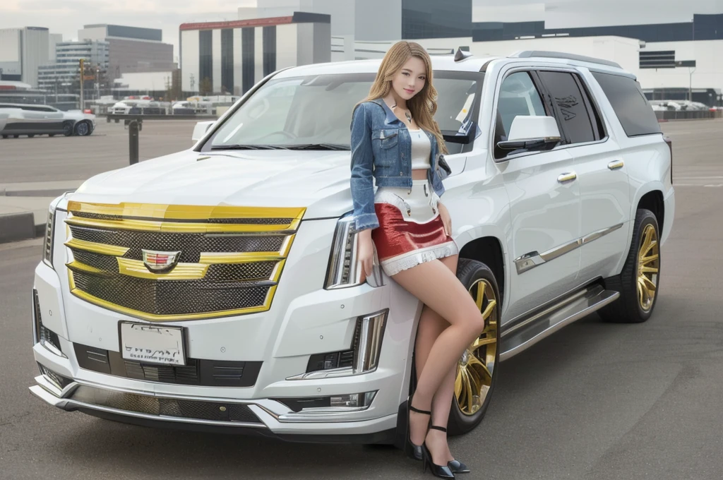 Car and Campaign Girl,Cadillac Escalade,Japanese women,sexy,18-year-old,(8k, RAW Photos, highest quality, masterpiece: 1.2), (Realistic: 1.6), (masterpiece), (highest quality: 1.0), (Ultra-high resolution: 1.0), detailed, detailed beautiful skin, detailed room, ,Realistic skin,Blonde