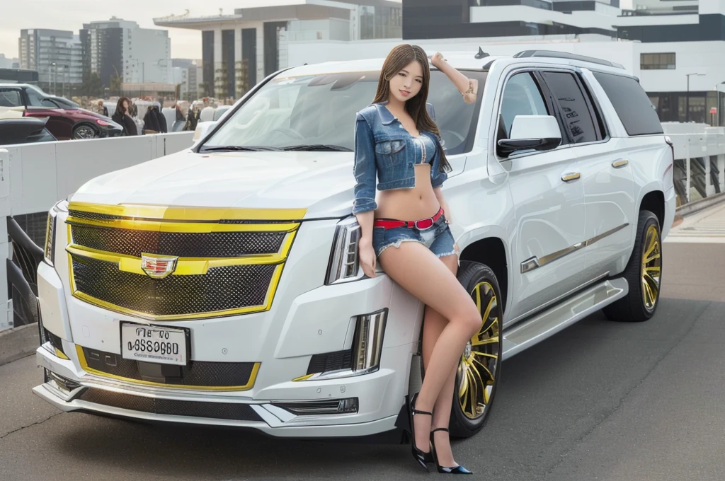Car and Campaign Girl,Cadillac Escalade,Japanese women,sexy,18-year-old,(8k, RAW Photos, highest quality, masterpiece: 1.2), (Realistic: 1.6), (masterpiece), (highest quality: 1.0), (Ultra-high resolution: 1.0), detailed, detailed beautiful skin, detailed room, ,Realistic skin,Blonde