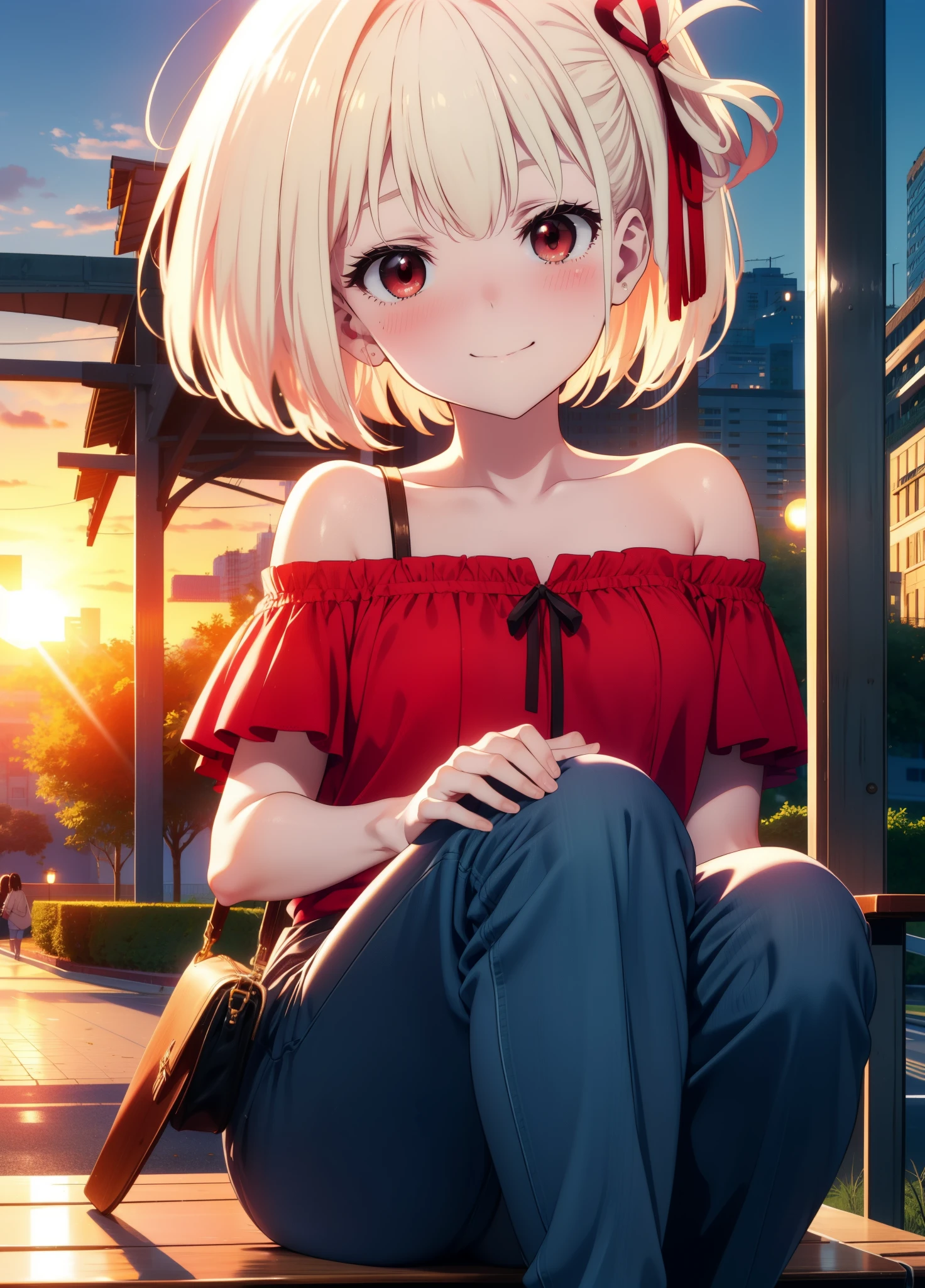 chisatonishikigi, Chisato Nishikigi, short hair, bangs, Blonde Hair, (Red eyes:1.5), hair ribbon, One side up, Bobcut,smile,blush,
Cord off-shoulder top,Short sleeve,skinny pants,Stiletto heels,morning,morning陽,The sun is rising,The whole body of the person walking is included in the illustration.,morning,morning陽,The sun is rising, sitting on a park bench,
Destroy outdoors, Destroying the park looking at viewer, Systemic
break (masterpiece:1.2), highest quality, High resolution, unity 8k wallpaper, (figure:0.8), (Beautiful fine details:1.6), Highly detailed face, Perfect lighting, Highly detailed CG, (Perfect hands, Perfect Anatomy),