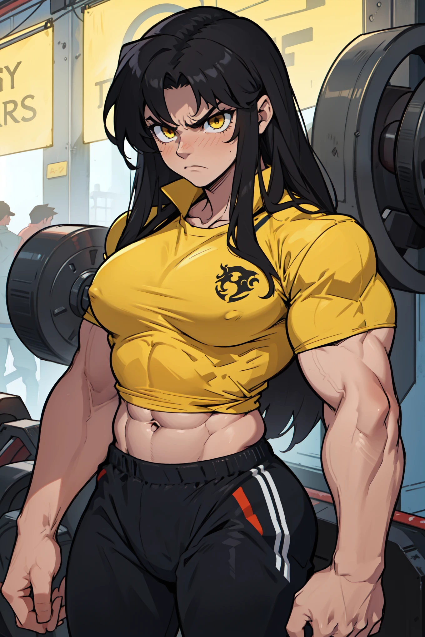 angry ((((1girl)))) (((bodybuilder))) pale skin black hair very long hair yellow eyes midriff