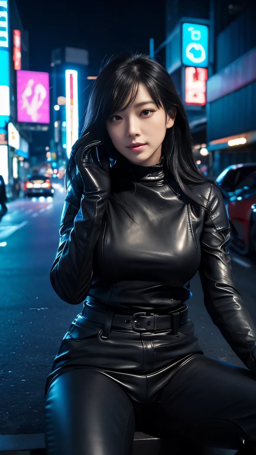 ((cowboy shot,upper body)),(masutepiece), motor bikes,(Japanese), Cute young woman in Japan, Riding a motorcycle, glamorous shape, mare, absolutely pretty face, Double eyelids, 8K resolution, high details, detailed hairstyle, (Detailed face:1.2), Black eyes, elegent, epicd, Cinematic lighting, Octane Rendering, Vibrant, Hyper realistic, Fair skin, Perfect limbs, Perfect Anatomy, (shiny black++ short straight hair)+ ,(large breasts cleavage navel)+++ (black long sleeve latex rider bodysuits)++ (zipper open)++ (posing with motorcycles HARLEY DAVIDSON)++BREAK (outdoor)+++ (night beautiful sky wind)++ Roma+ (depth of field) (blurry background)+ (cinematic lighting)++ (cinematic shadow)+ (highlight in eyes)+ (lens flare) (light particle glitter), thick lips ,red lips,21y
