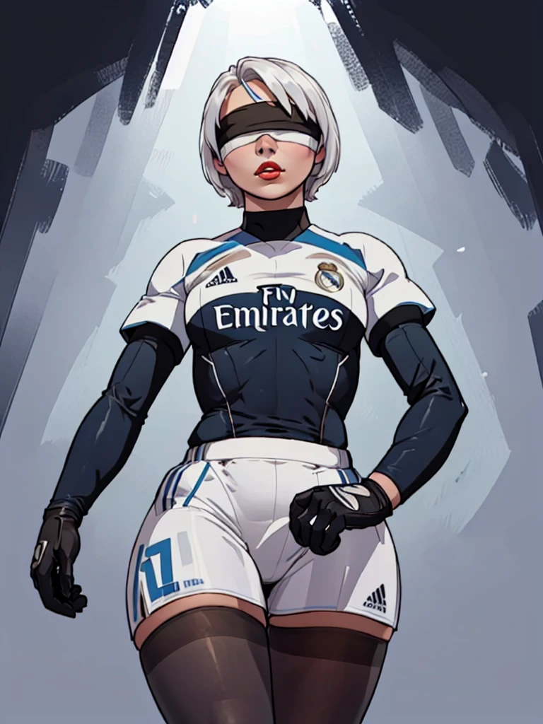 (from below:1.5), (((front view))), Best_QualityPos, RAW photo, intricate details, best quality, 8k uhd, soft lighting, 1girl, ((( Real Madrid shirt))), (((perfect anatomy, anatomically correct, super detailed skin))), 2B from Nier Automata. (((wearing a white Real Madrid football team shirt)), short hair, ((solo)), (((blindfold))), ((hourglass body,)), (alone). ((solo:1.5)), ((abstract background))), abstract grunge as background,  big red lips, white hair, 1 girl, ((white Real Madrid football team shirt)). ,[[[(((big hips)))]]]], clothing cutout, gloves, juliet sleeves, leotard, puffy sleeves, , thighhighs, , hourglass body,, shiny skin, watching the viewer, beautiful hair, beautiful face, beautiful detailed eyes, blue eyes, face, , beautiful body,standing, (beautiful scenery), 8k, top quality, masterpiece​:1.2, extremely detailed), beautiful illustration, natural lighting, ,(high detailed skin:1.2), heart fingers, heart hands,