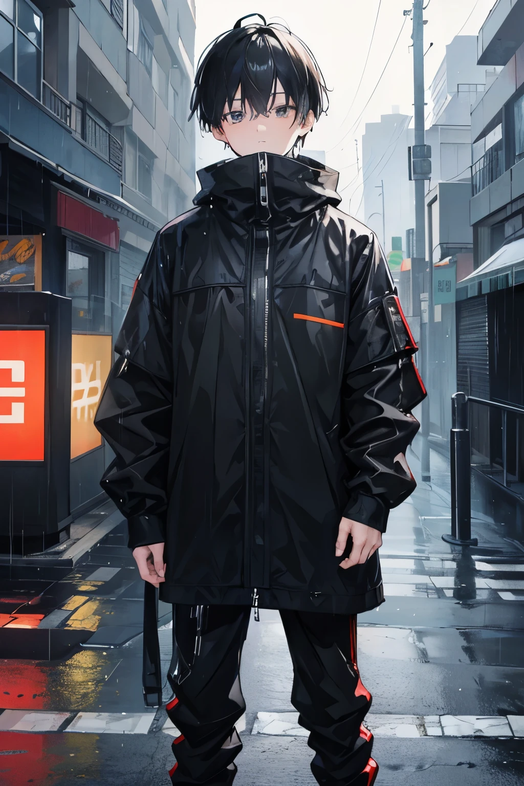 1boy, raining street, black hair, black clotches, techwear, look at you