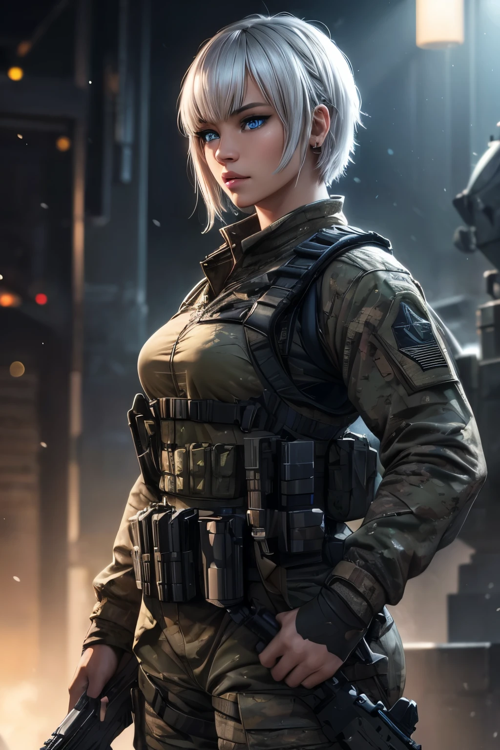 beautiful asian woman, 1girl, military uniform, call of duty, holding customized pink m4 rifle, tall muscular body, defined muscles, amazon warrior, piercings, short white hair with bangs, bright blue eyes, detailed face, beautiful detailed eyes, beautiful detailed lips, extremely detailed eyes and face, long eyelashes, (best quality,4k,8k,highres,masterpiece:1.2),ultra-detailed,(realistic,photorealistic,photo-realistic:1.37),HDR,UHD,studio lighting,ultra-fine painting,sharp focus,physically-based rendering,extreme detail description,professional,vivid colors,bokeh,concept art