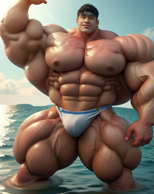 1 asian men, handsome, giant, buzz black haircut, model shoot style, looking at camera, standing, posing arms, outdoor, in the ocean, strong body, bulk, naked, wear white swimwear underpants, bulge, big, brutalmass, giant, muscular body, bulk, massive body, large meaty body size, brown skin, big arms, ballooning meaty pecs, big butt. Wet, water splash, ocean waves, UHD, Realistic, intricate detail