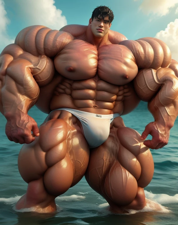 1 asian men, handsome, giant, buzz black haircut, model shoot style, looking at camera, standing, posing arms, outdoor, in the ocean, strong body, bulk, naked, wear white swimwear underpants, bulge, big, brutalmass, giant, muscular body, bulk, massive body, large meaty body size, brown skin, big arms, ballooning meaty pecs, big butt. Wet, water splash, ocean waves, UHD, Realistic, intricate detail