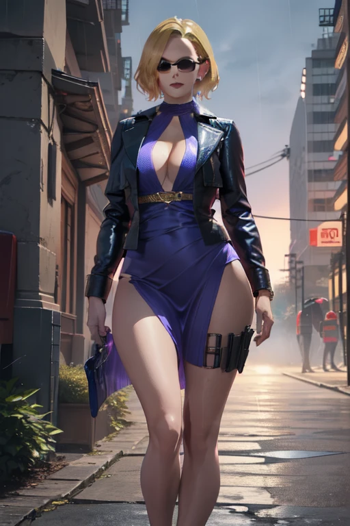 (masterpiece, highest quality, Very detailed, High resolution), One girl, Nina Tekken 8, Purple Dress, leather jacket, sunglasses, short hair, alone, Detailed face, View Viewer, Cleavage, (Medium chest, The body is slim, Wide Hips), Cinema Lighting, Outdoor, rain