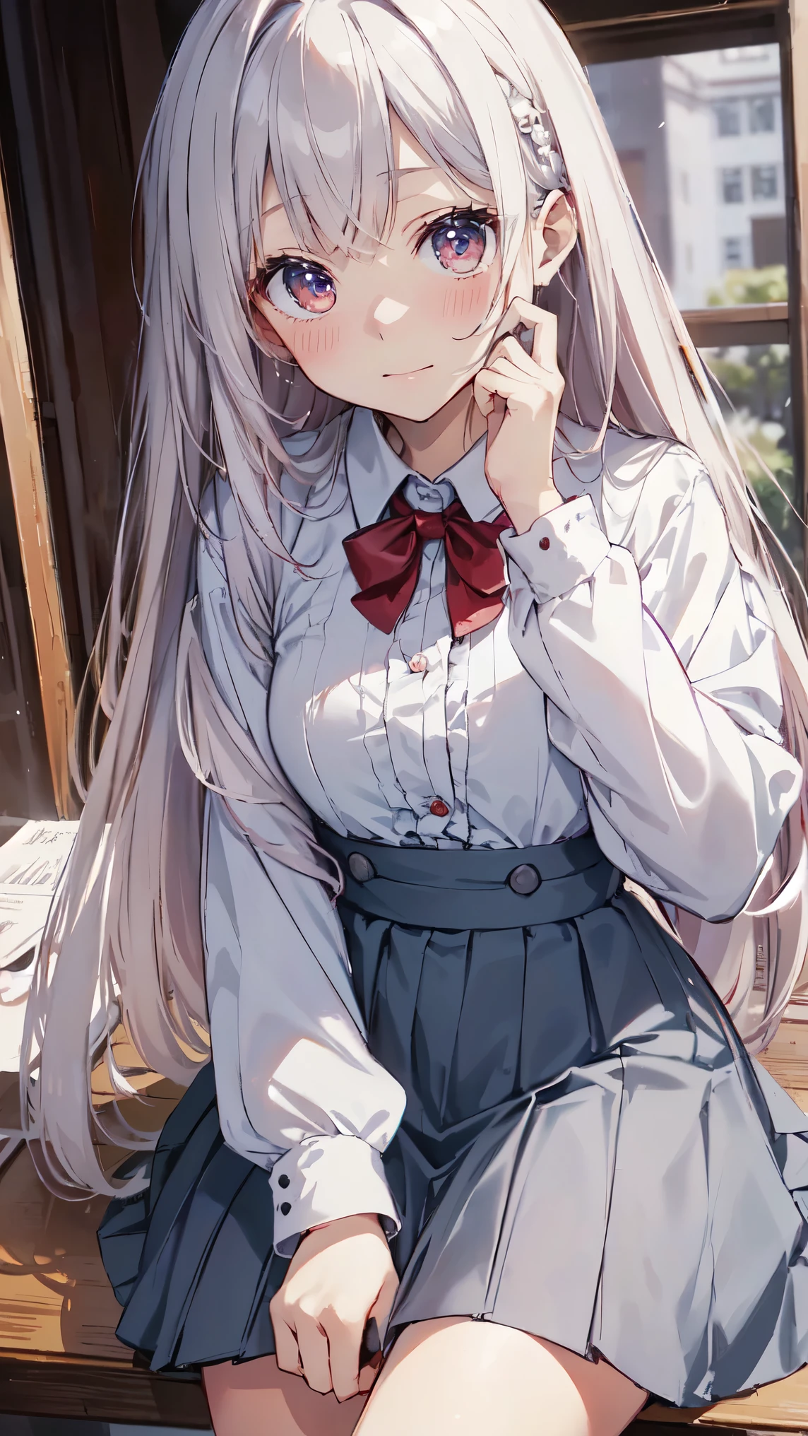 masterpiece、highest quality、highest quality、(((upon)))、 ((Blushing with an embarrassed look))、Hair quality and shine、Small face、Sitting、Very detailed, beautiful, Big eyes、Red eyes、Super detailed, clear and beautiful faces、(Cute illustrations:1.2), High resolution, Super detailed, highest quality, Embarrassing、Semi-long hair、White Hair、classroom