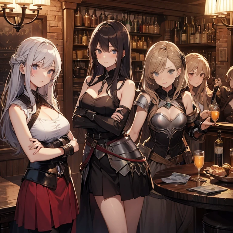 A group of female medieval fantasy adventurers, (in tavern), various hair styles, harem, night, details face, short skirt, seducing, sleeveless, armor, bare breast