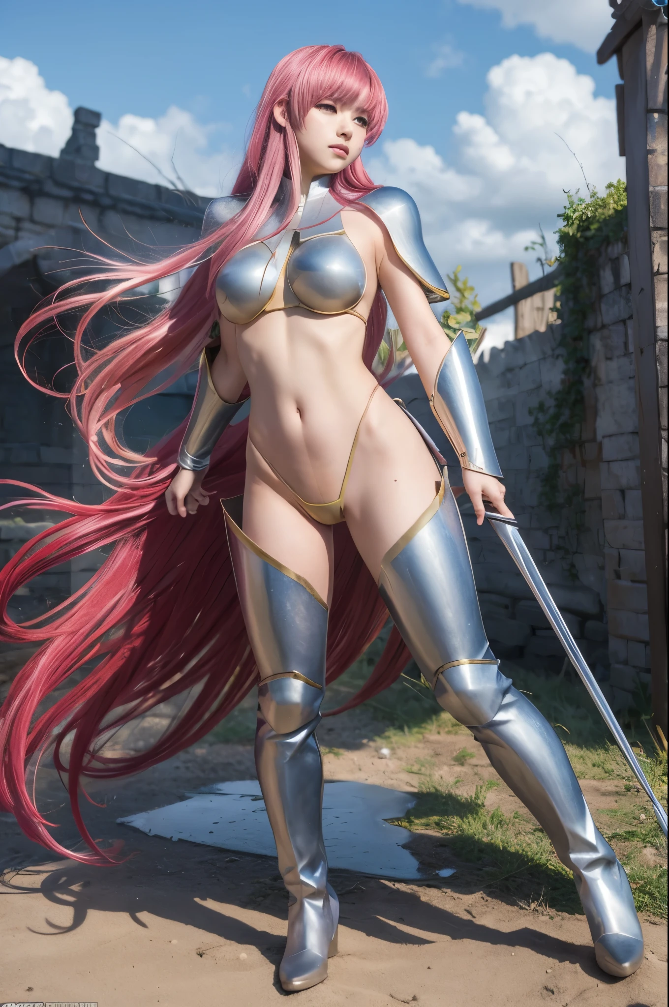 masterpiece、Mastepiece、Award-winning、Anime Girls、Random Hair、Huge breasts、Wear a bikini armor、Pants that look like they can be seen、Full Body Shot、The background is a fantasy world