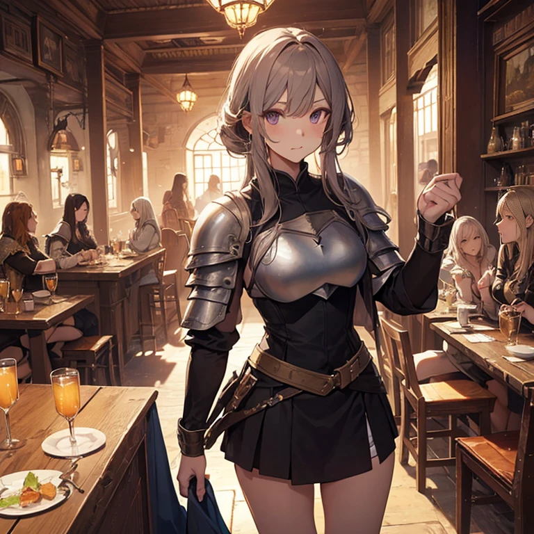 A group of female medieval fantasy adventurers, (in tavern), various hair styles, harem, night, details face, short skirt, seducing, sleeveless, armor