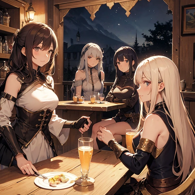 A group of  female medieval fantasy adventurers, (in tavern), various hair styles, harem, night, details face, short skirt, seducing, sleeveless, armor 
